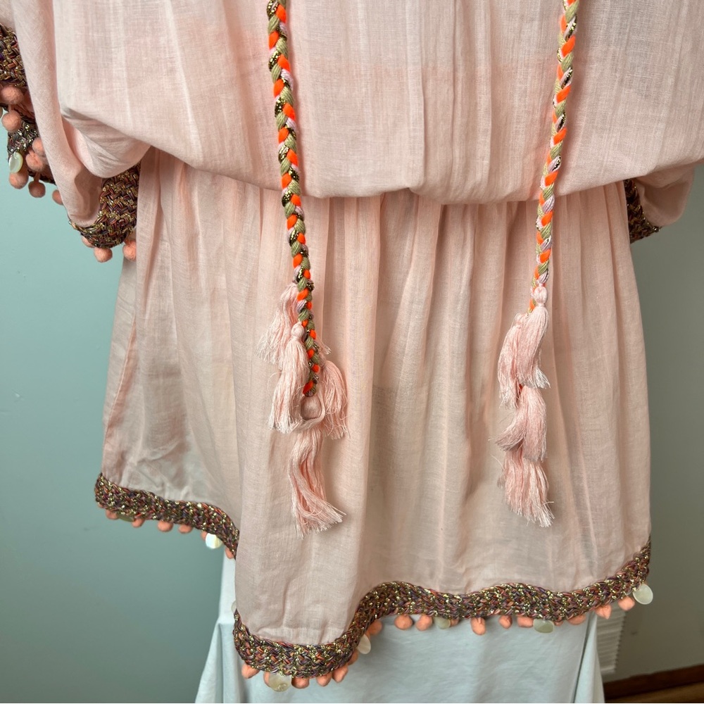 Shiraleah Pink Flutter Sleeve Pom Trim Swim Coverup One Size Boho Beach - Picture 4 of 16